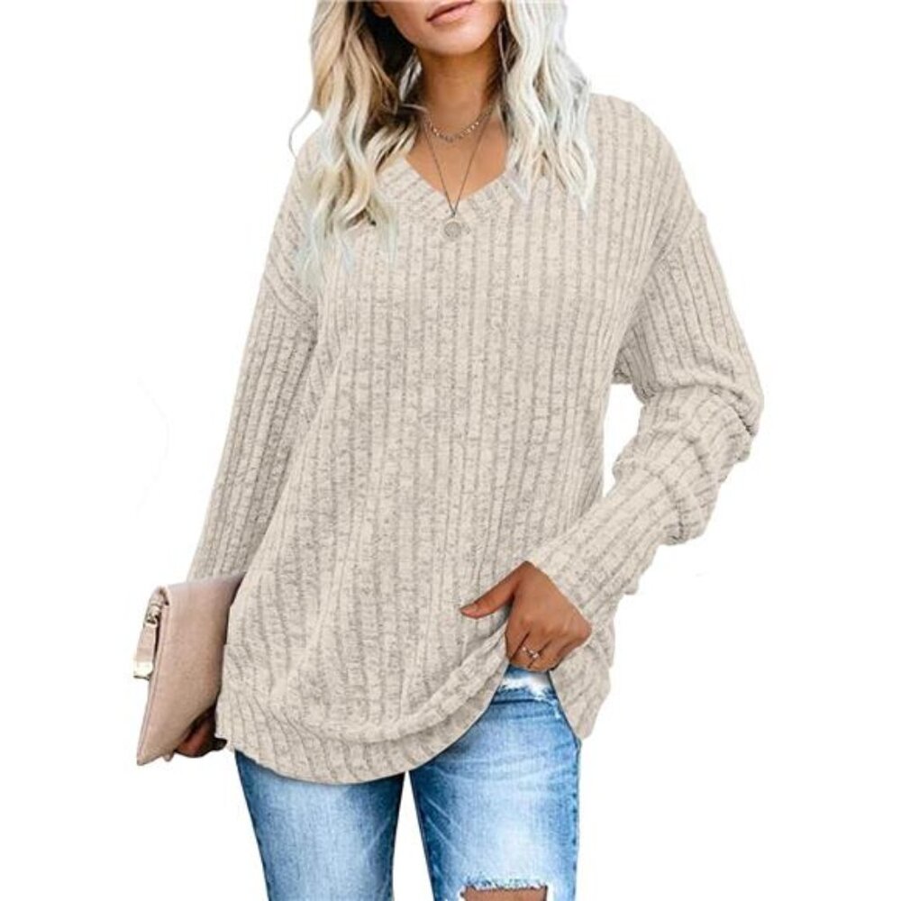 Womens V Neck Sweatshirt Long Sleeve Casual Loose Tunic Top Fall Winter Shirt - Picture 2 of 5